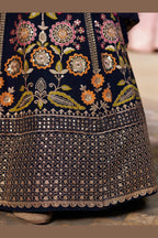 Navy Blue Georgette Lehenga Choli For Indian & Pakistani Wedding Festival - Sequins & Thread Embroidery Work, Zari Work, Dori Work