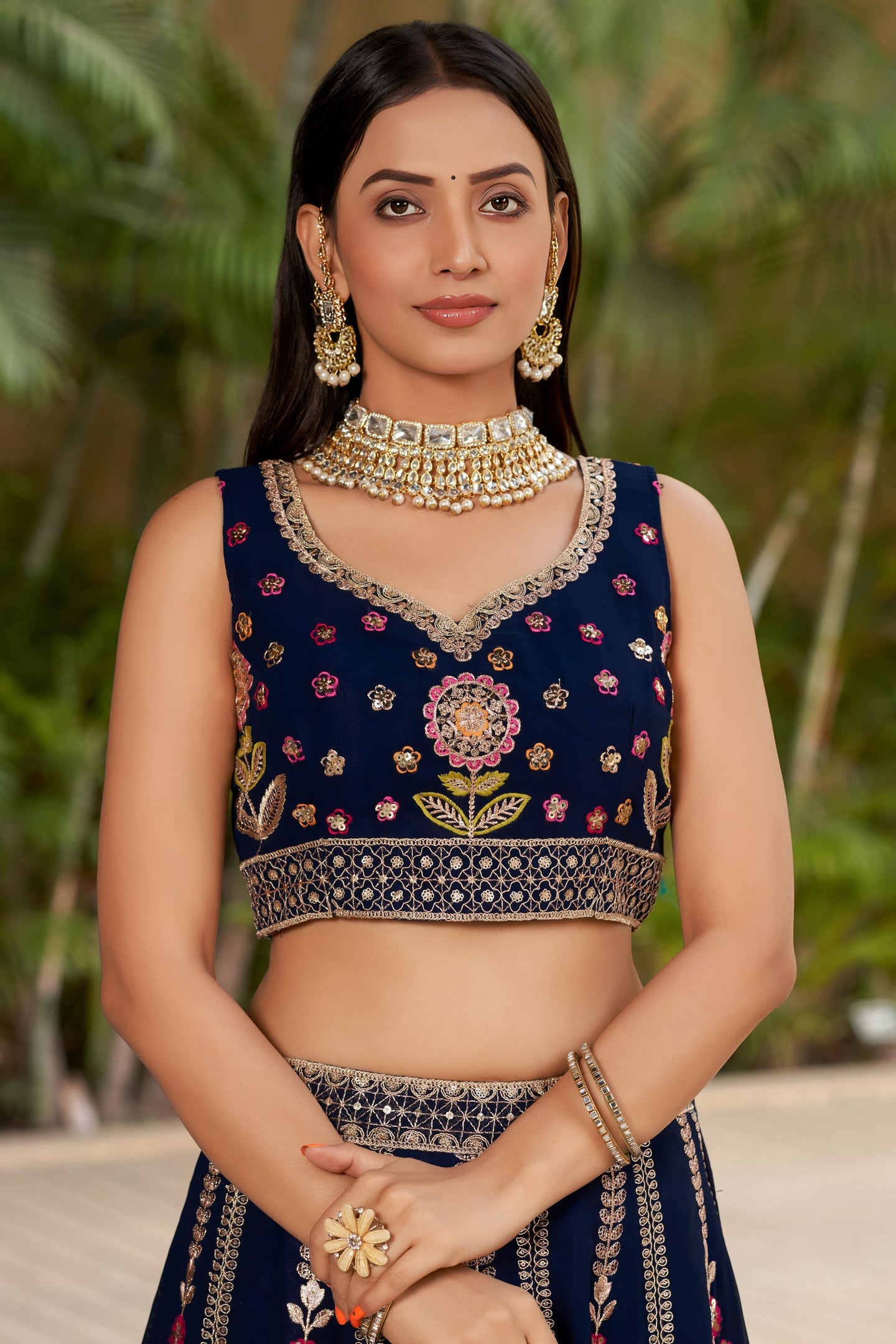 Navy Blue Georgette Lehenga Choli For Indian & Pakistani Wedding Festival - Sequins & Thread Embroidery Work, Zari Work, Dori Work