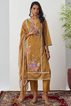 Mustard Crush Silk Straight Suit Kameez With Pant For Indian & Pakistani Wedding Festival - Embroidery Work