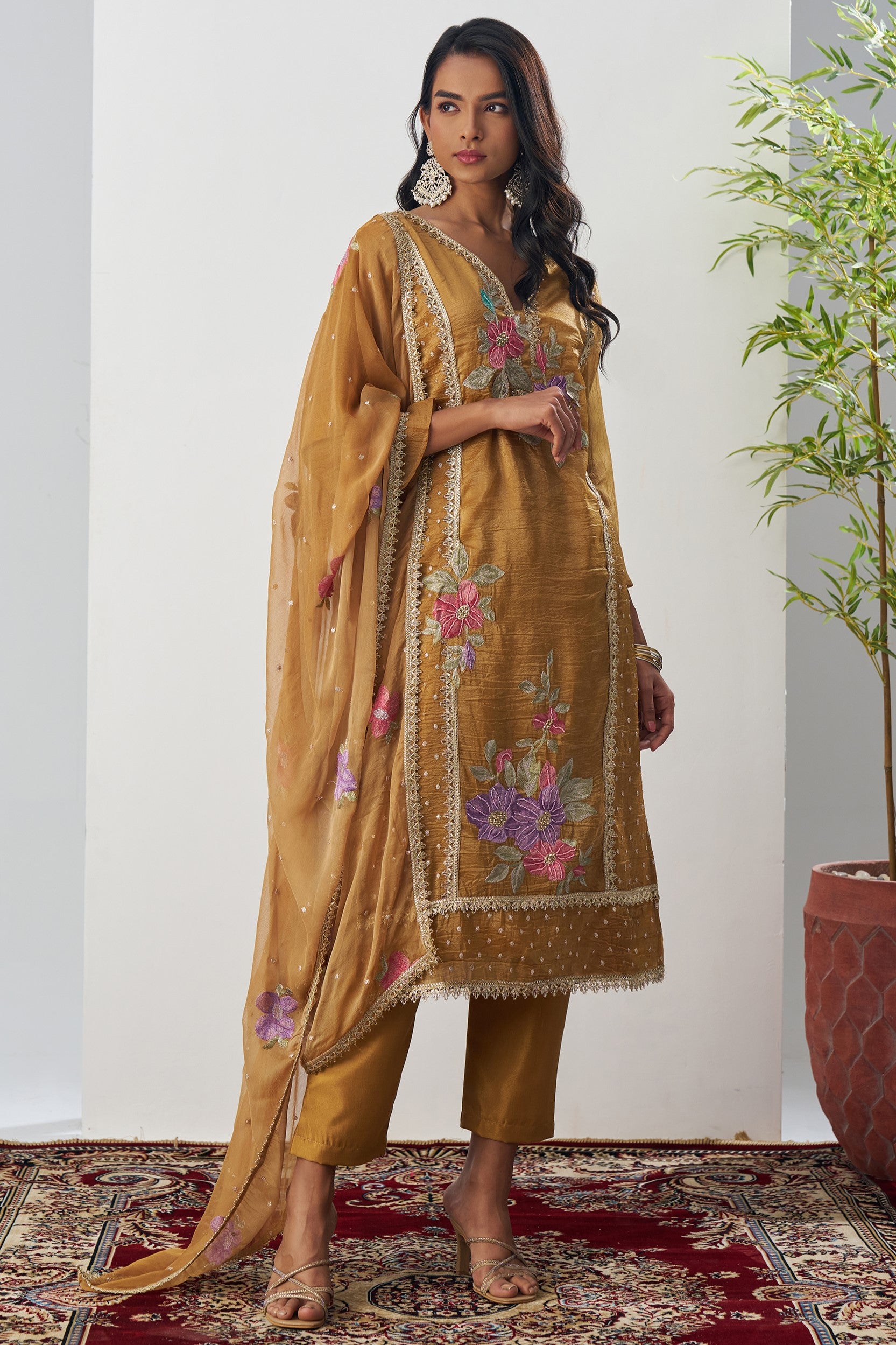 Mustard Crush Silk Straight Suit Kameez With Pant For Indian & Pakistani Wedding Festival - Embroidery Work