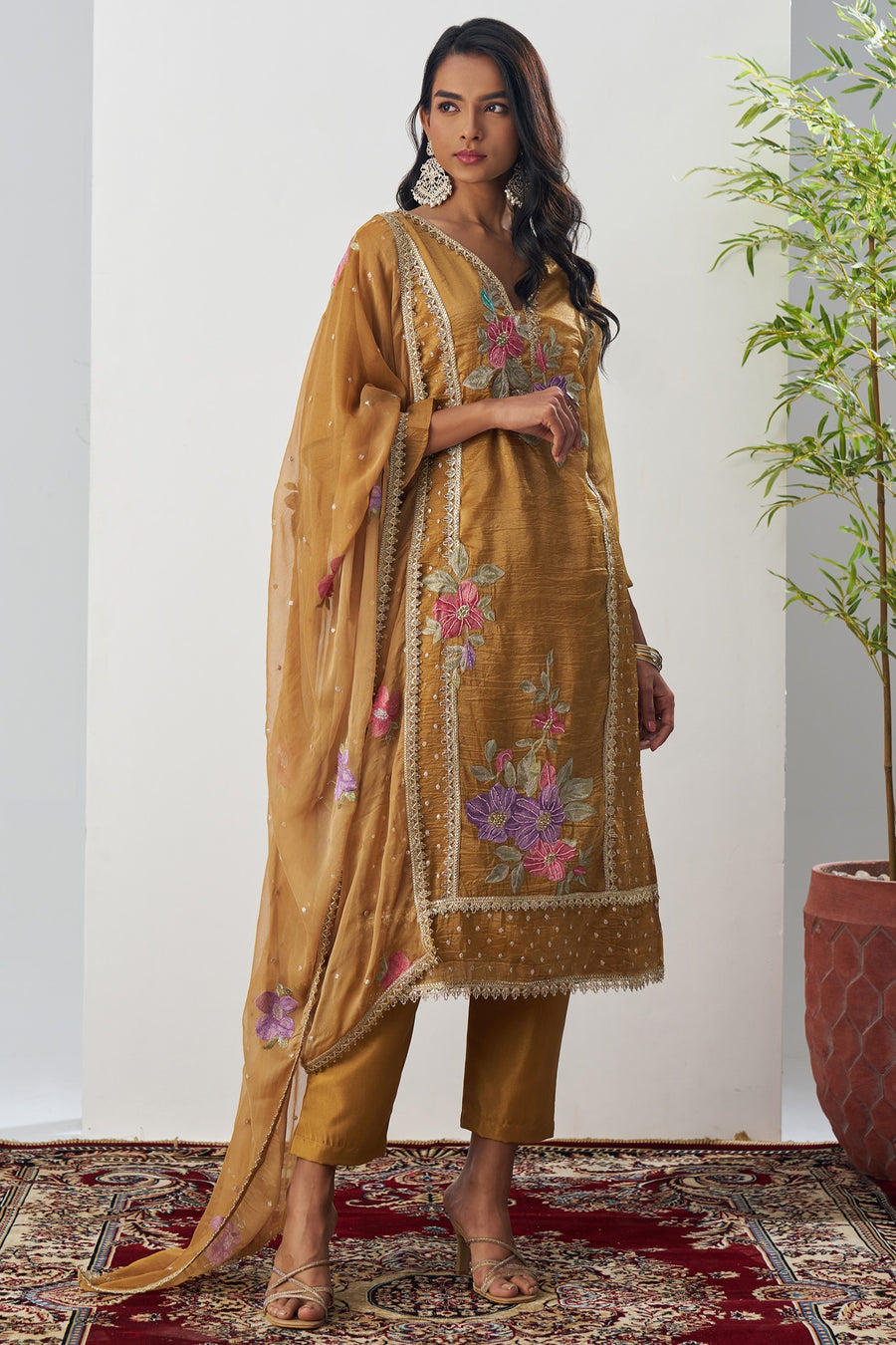 Mustard Crush Silk Straight Suit Kameez With Pant For Indian & Pakistani Wedding Festival - Embroidery Work