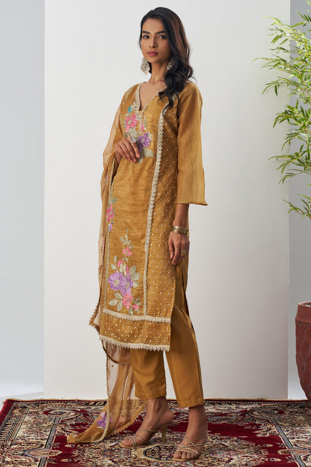 Mustard Crush Silk Straight Suit Kameez With Pant For Indian & Pakistani Wedding Festival - Embroidery Work