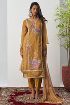 Mustard Crush Silk Straight Suit Kameez With Pant For Indian & Pakistani Wedding Festival - Embroidery Work