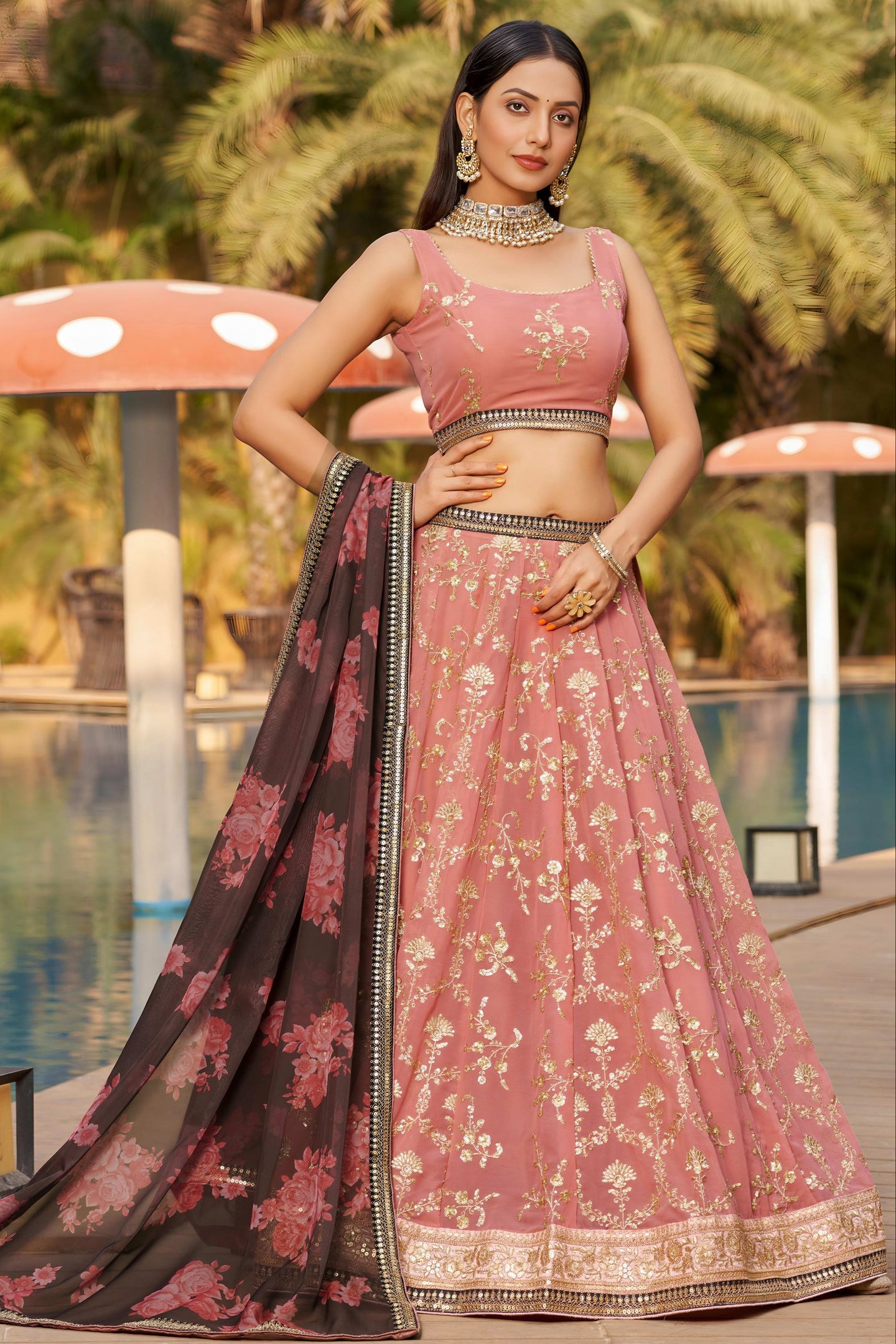 Pink Georgette Lehenga Choli For Indian & Pakistani Wedding Festival - Sequins & Thread Embroidery Work, Zari Work, Dori Work, Embroidery Work, Print Work