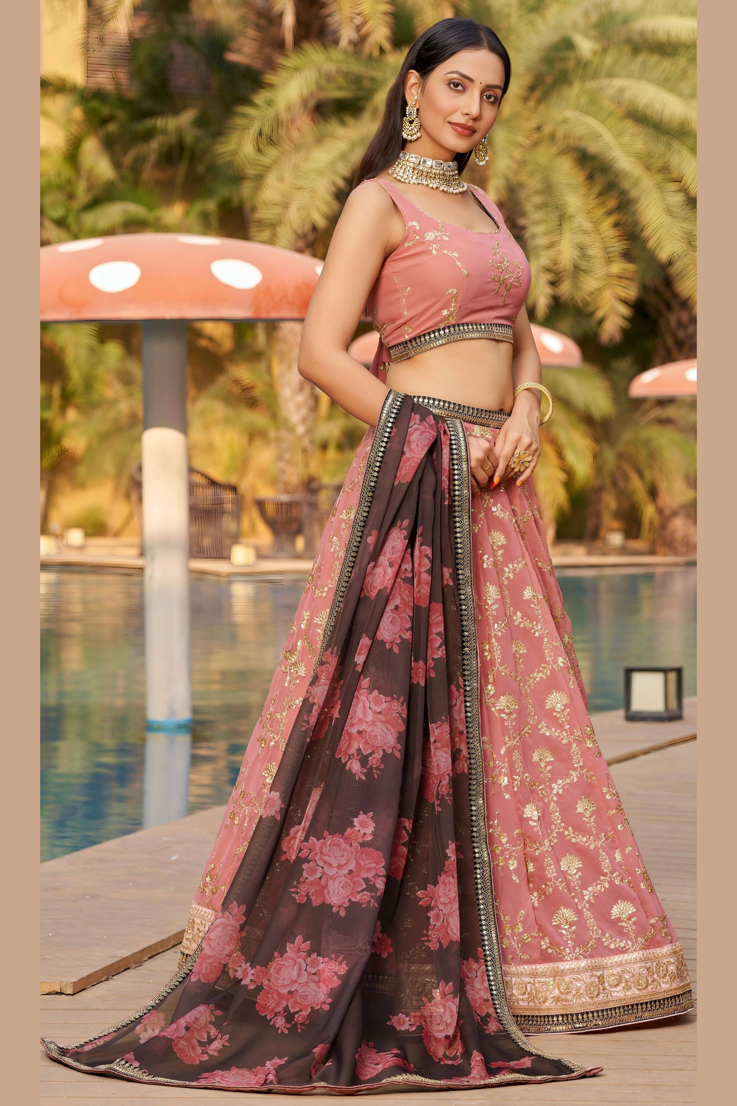 Pink Georgette Lehenga Choli For Indian & Pakistani Wedding Festival - Sequins & Thread Embroidery Work, Zari Work, Dori Work, Embroidery Work, Print Work