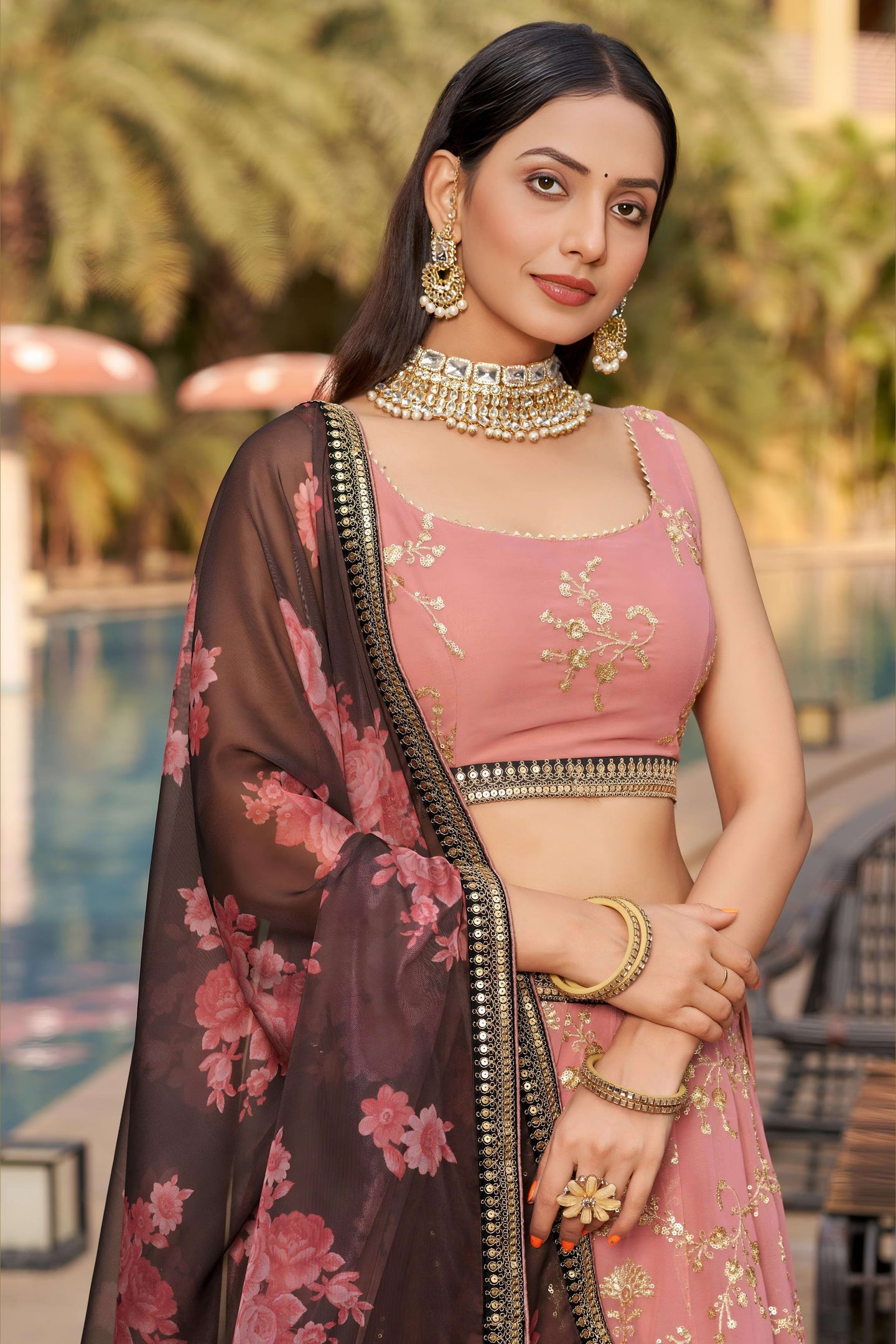 Pink Georgette Lehenga Choli For Indian & Pakistani Wedding Festival - Sequins & Thread Embroidery Work, Zari Work, Dori Work, Embroidery Work, Print Work
