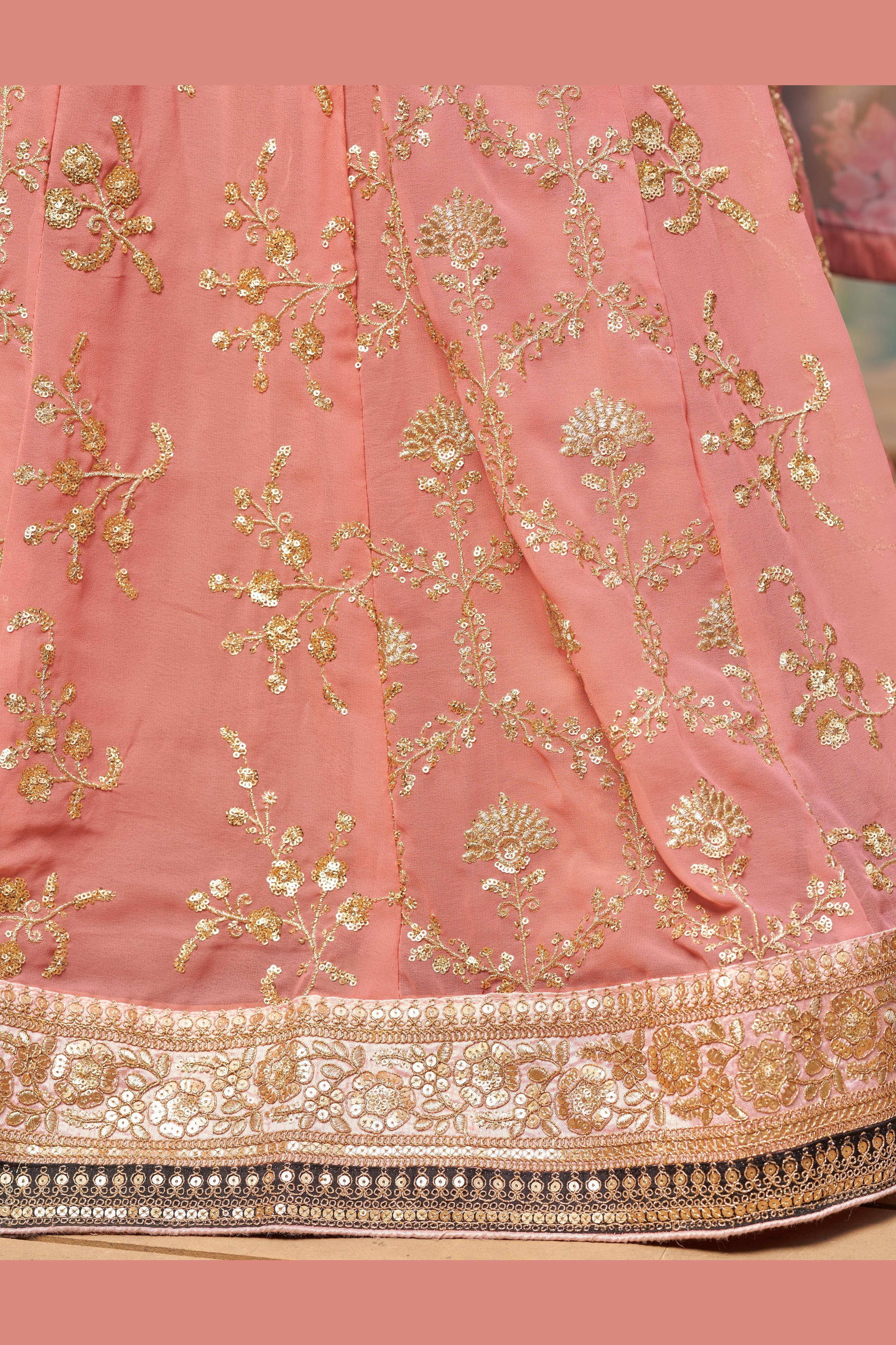 Pink Georgette Lehenga Choli For Indian & Pakistani Wedding Festival - Sequins & Thread Embroidery Work, Zari Work, Dori Work, Embroidery Work, Print Work
