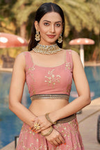 Pink Georgette Lehenga Choli For Indian & Pakistani Wedding Festival - Sequins & Thread Embroidery Work, Zari Work, Dori Work, Embroidery Work, Print Work