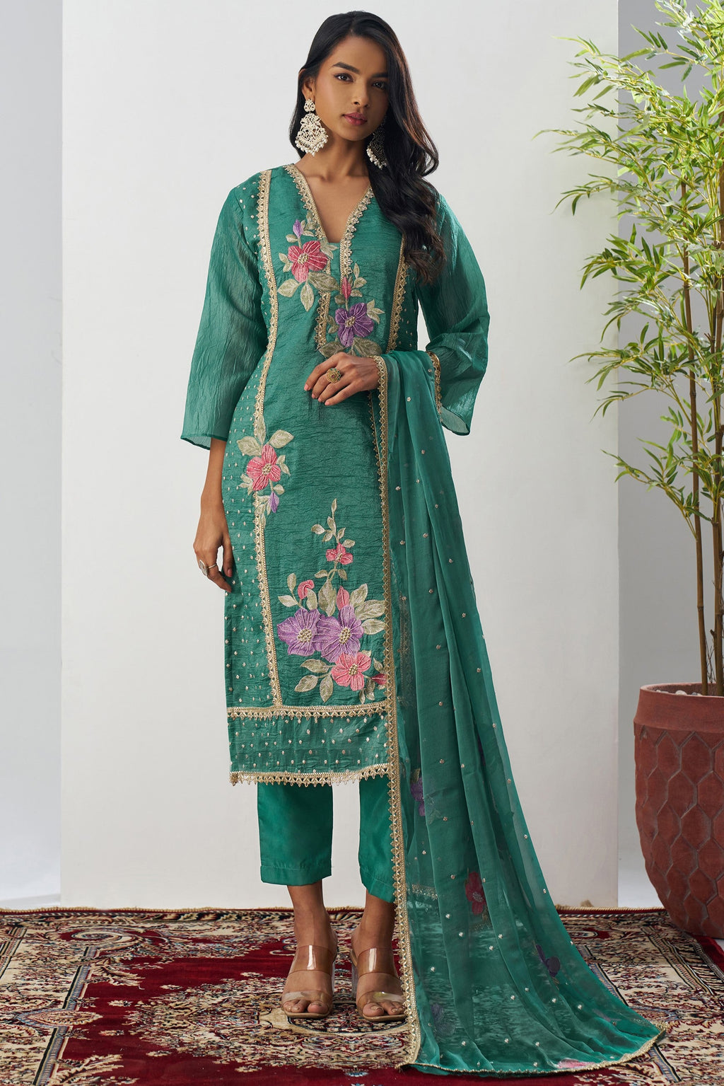 Green Crush Silk Straight Suit Kameez With Pant For Indian & Pakistani Wedding Festival - Embroidery Work