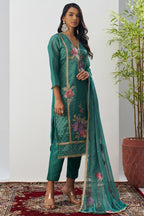 Green Crush Silk Straight Suit Kameez With Pant For Indian & Pakistani Wedding Festival - Embroidery Work