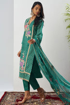 Green Crush Silk Straight Suit Kameez With Pant For Indian & Pakistani Wedding Festival - Embroidery Work