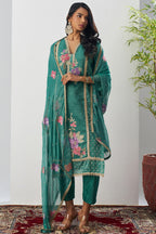 Green Crush Silk Straight Suit Kameez With Pant For Indian & Pakistani Wedding Festival - Embroidery Work