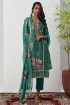 Green Crush Silk Straight Suit Kameez With Pant For Indian & Pakistani Wedding Festival - Embroidery Work