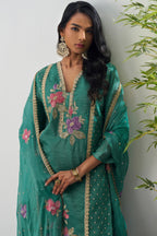 Green Crush Silk Straight Suit Kameez With Pant For Indian & Pakistani Wedding Festival - Embroidery Work
