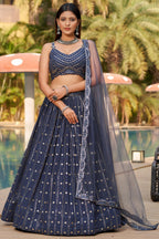 Navy Blue Georgette Lehenga Choli For Indian & Pakistani Wedding Festival - Sequins & Thread Embroidery Work, Foil Mirror Work, Embroidery Work