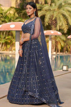 Navy Blue Georgette Lehenga Choli For Indian & Pakistani Wedding Festival - Sequins & Thread Embroidery Work, Foil Mirror Work, Embroidery Work