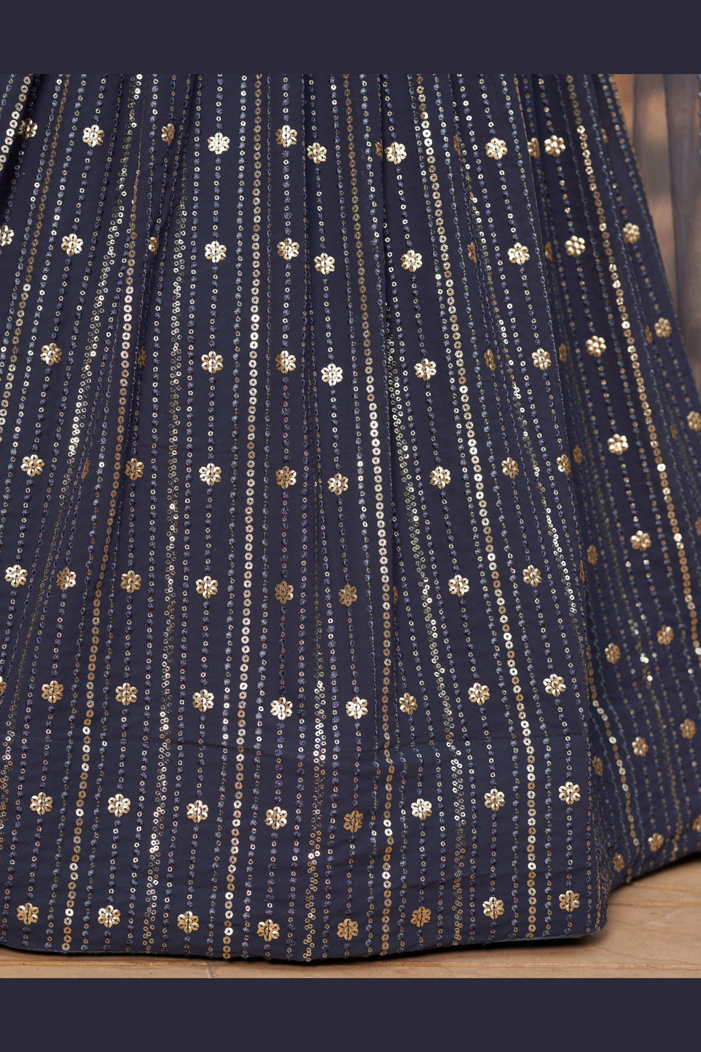 Navy Blue Georgette Lehenga Choli For Indian & Pakistani Wedding Festival - Sequins & Thread Embroidery Work, Foil Mirror Work, Embroidery Work