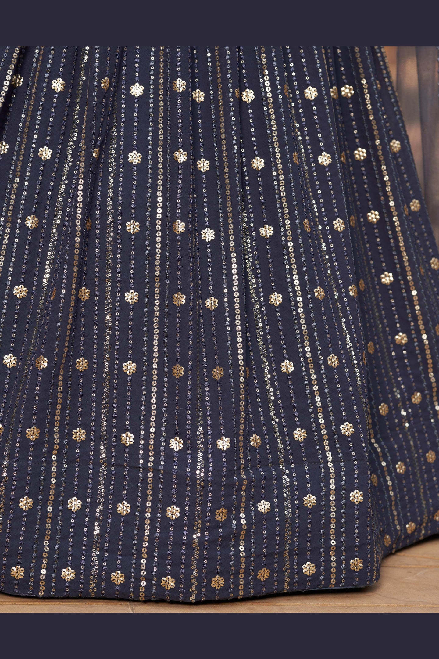 Navy Blue Georgette Lehenga Choli For Indian & Pakistani Wedding Festival - Sequins & Thread Embroidery Work, Foil Mirror Work, Embroidery Work