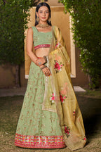 Pista Green Georgette Lehenga Choli For Indian & Pakistani Wedding Festival - Sequins & Thread Embroidery Work, Zari Work, Dori Work, Embroidery Work, Print Work