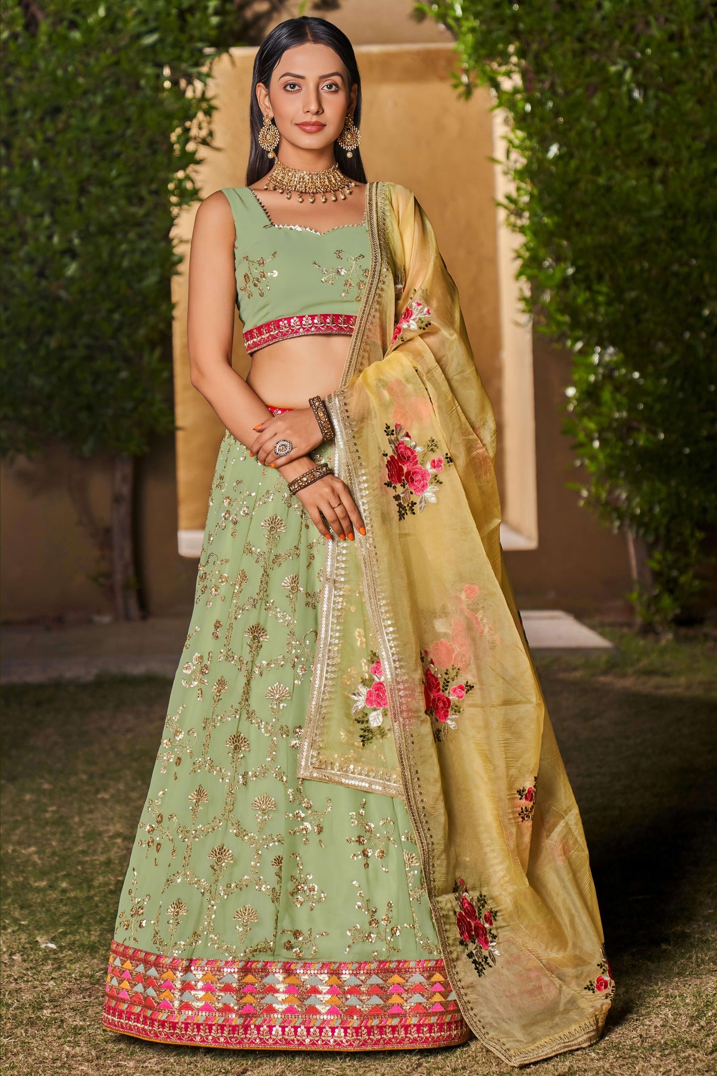 Pista Green Georgette Lehenga Choli For Indian & Pakistani Wedding Festival - Sequins & Thread Embroidery Work, Zari Work, Dori Work, Embroidery Work, Print Work
