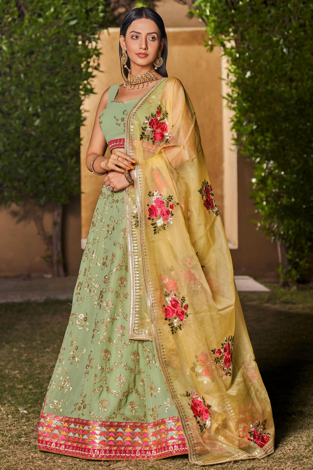 Pista Green Georgette Lehenga Choli For Indian & Pakistani Wedding Festival - Sequins & Thread Embroidery Work, Zari Work, Dori Work, Embroidery Work, Print Work