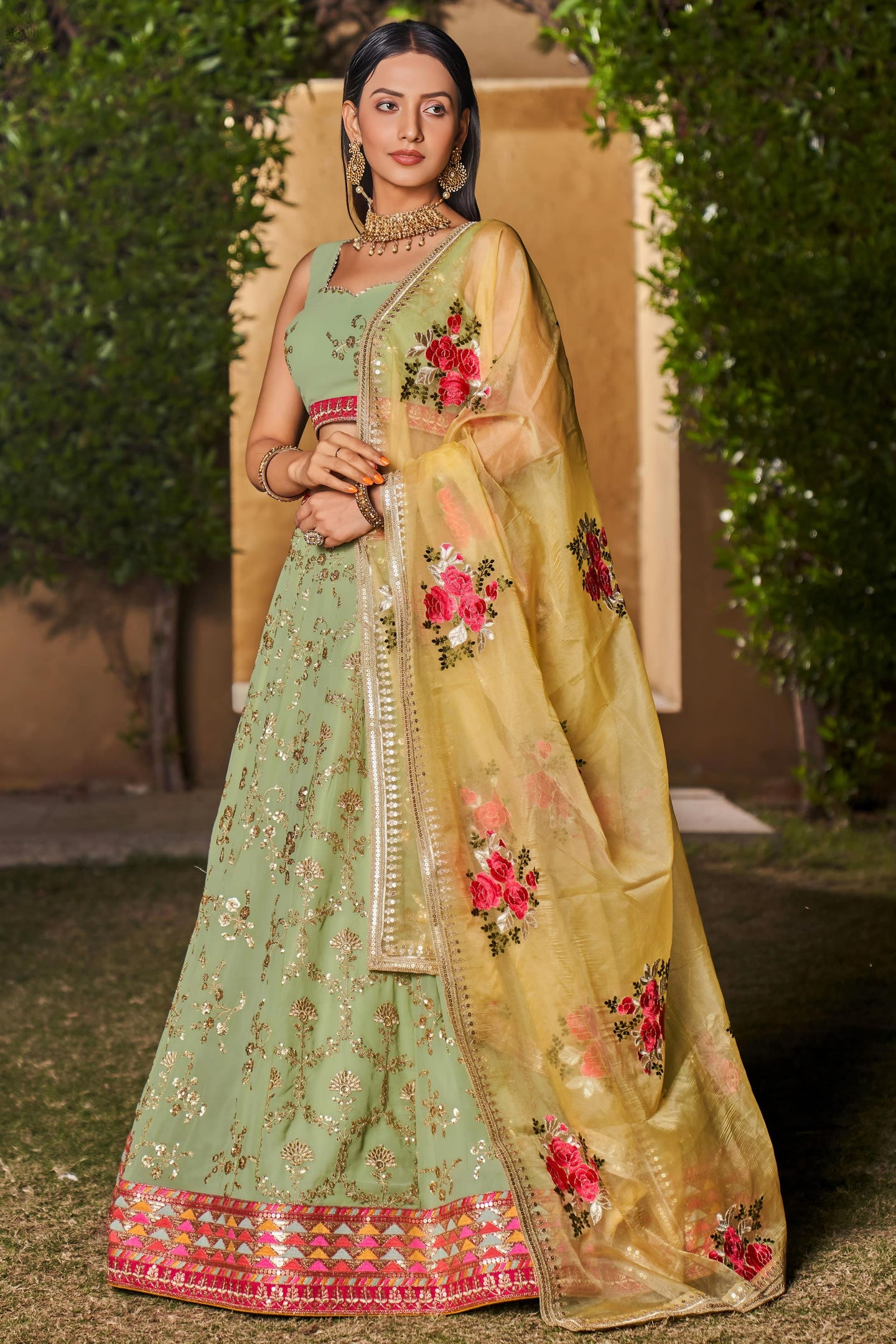 Pista Green Georgette Lehenga Choli For Indian & Pakistani Wedding Festival - Sequins & Thread Embroidery Work, Zari Work, Dori Work, Embroidery Work, Print Work