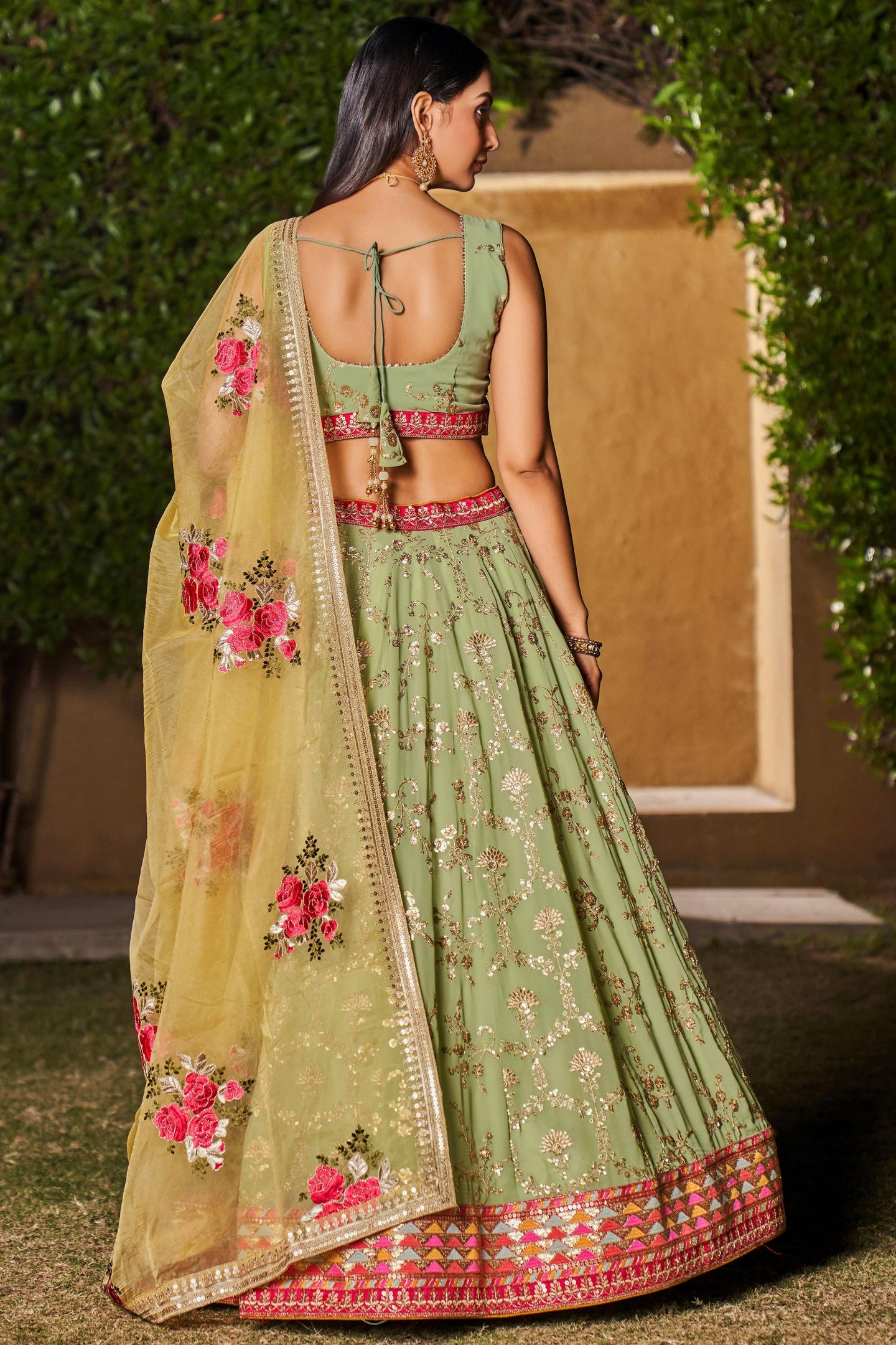 Pista Green Georgette Lehenga Choli For Indian & Pakistani Wedding Festival - Sequins & Thread Embroidery Work, Zari Work, Dori Work, Embroidery Work, Print Work
