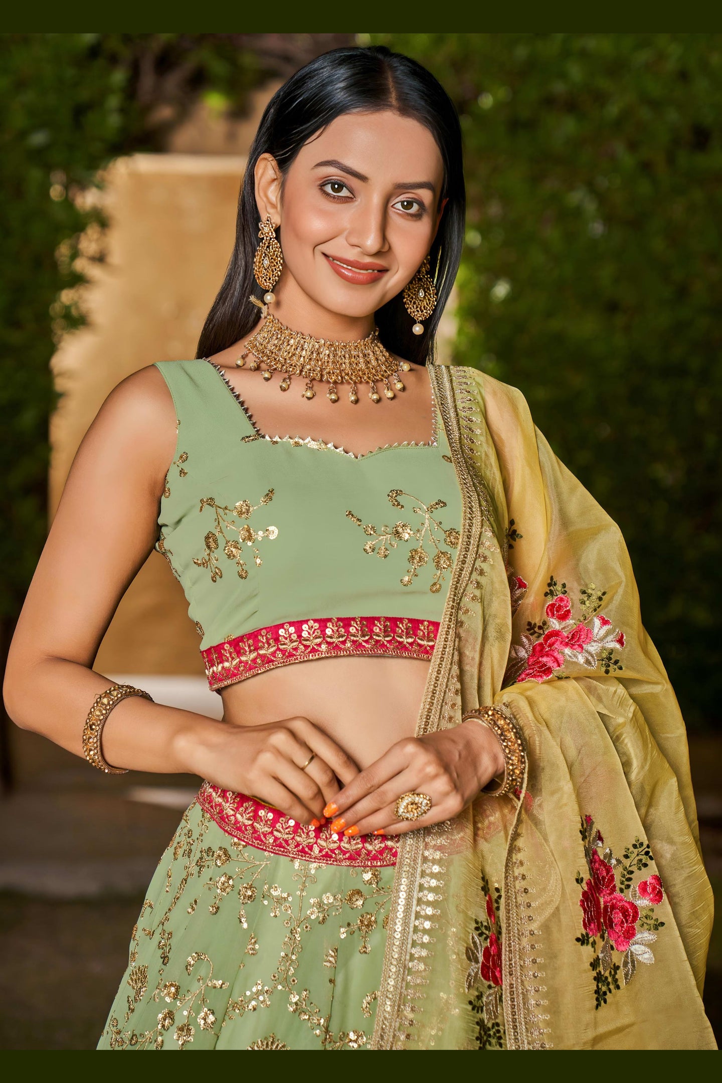 Pista Green Georgette Lehenga Choli For Indian & Pakistani Wedding Festival - Sequins & Thread Embroidery Work, Zari Work, Dori Work, Embroidery Work, Print Work