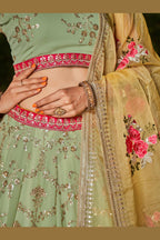 Pista Green Georgette Lehenga Choli For Indian & Pakistani Wedding Festival - Sequins & Thread Embroidery Work, Zari Work, Dori Work, Embroidery Work, Print Work