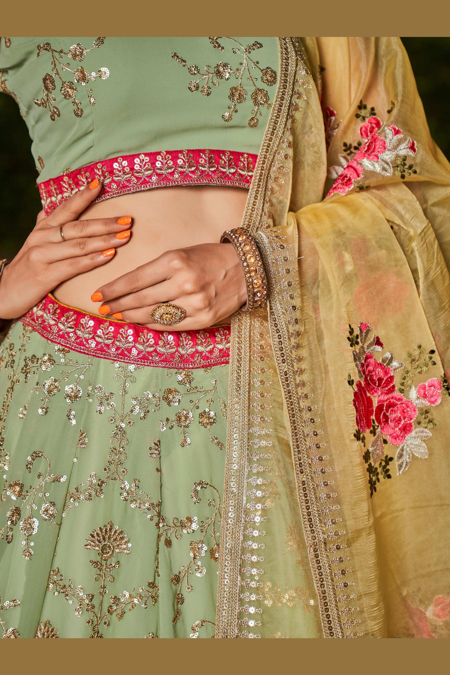 Pista Green Georgette Lehenga Choli For Indian & Pakistani Wedding Festival - Sequins & Thread Embroidery Work, Zari Work, Dori Work, Embroidery Work, Print Work