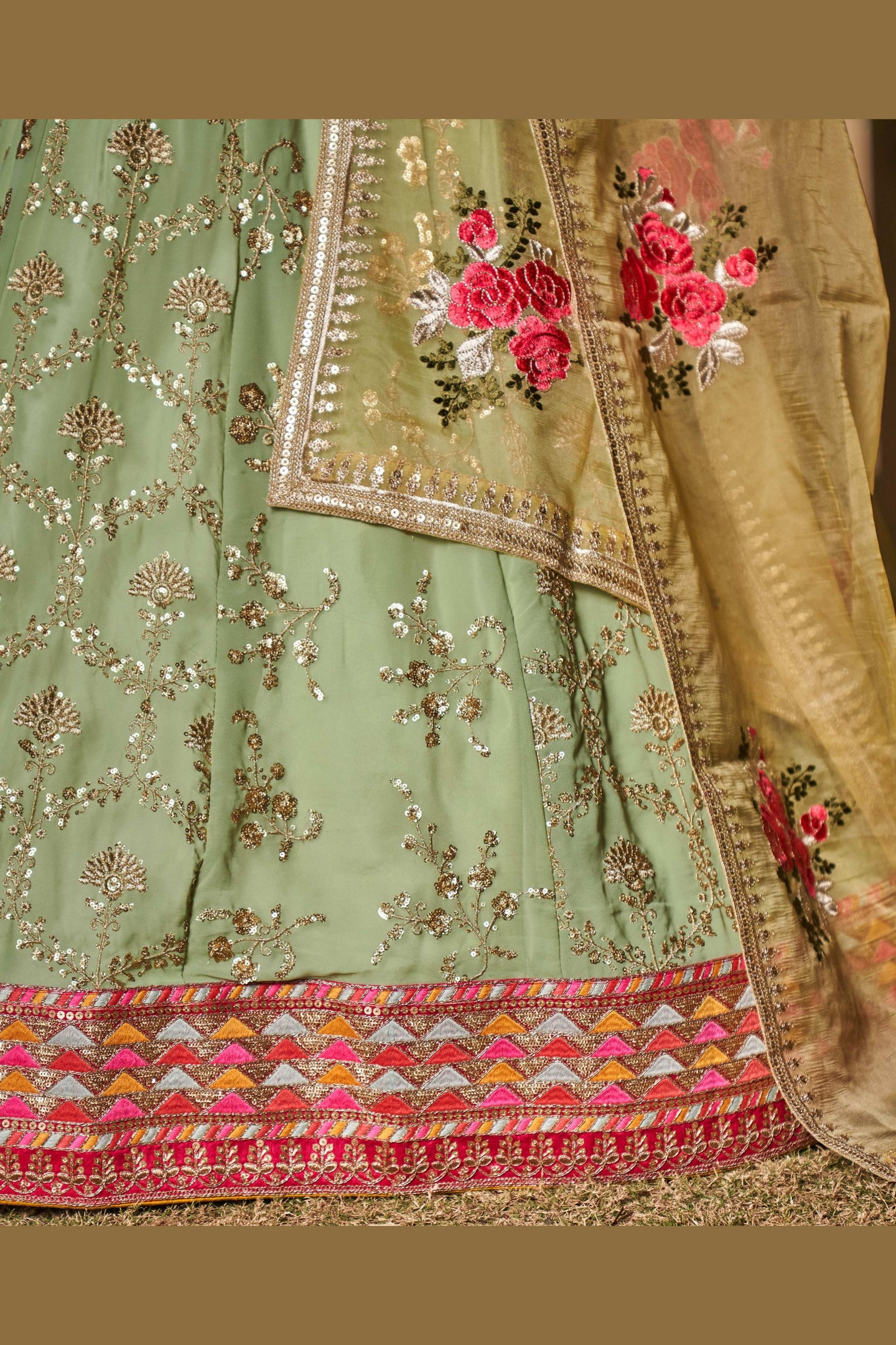 Pista Green Georgette Lehenga Choli For Indian & Pakistani Wedding Festival - Sequins & Thread Embroidery Work, Zari Work, Dori Work, Embroidery Work, Print Work