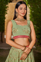 Pista Green Georgette Lehenga Choli For Indian & Pakistani Wedding Festival - Sequins & Thread Embroidery Work, Zari Work, Dori Work, Embroidery Work, Print Work