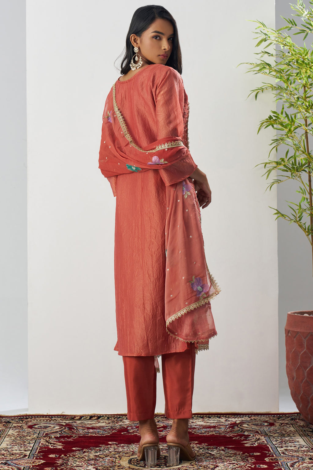 Rust Crush Silk Straight Suit Kameez With Pant For Indian & Pakistani Wedding Festival - Embroidery Work