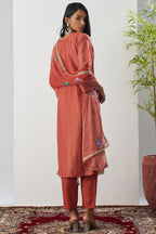 Rust Crush Silk Straight Suit Kameez With Pant For Indian & Pakistani Wedding Festival - Embroidery Work