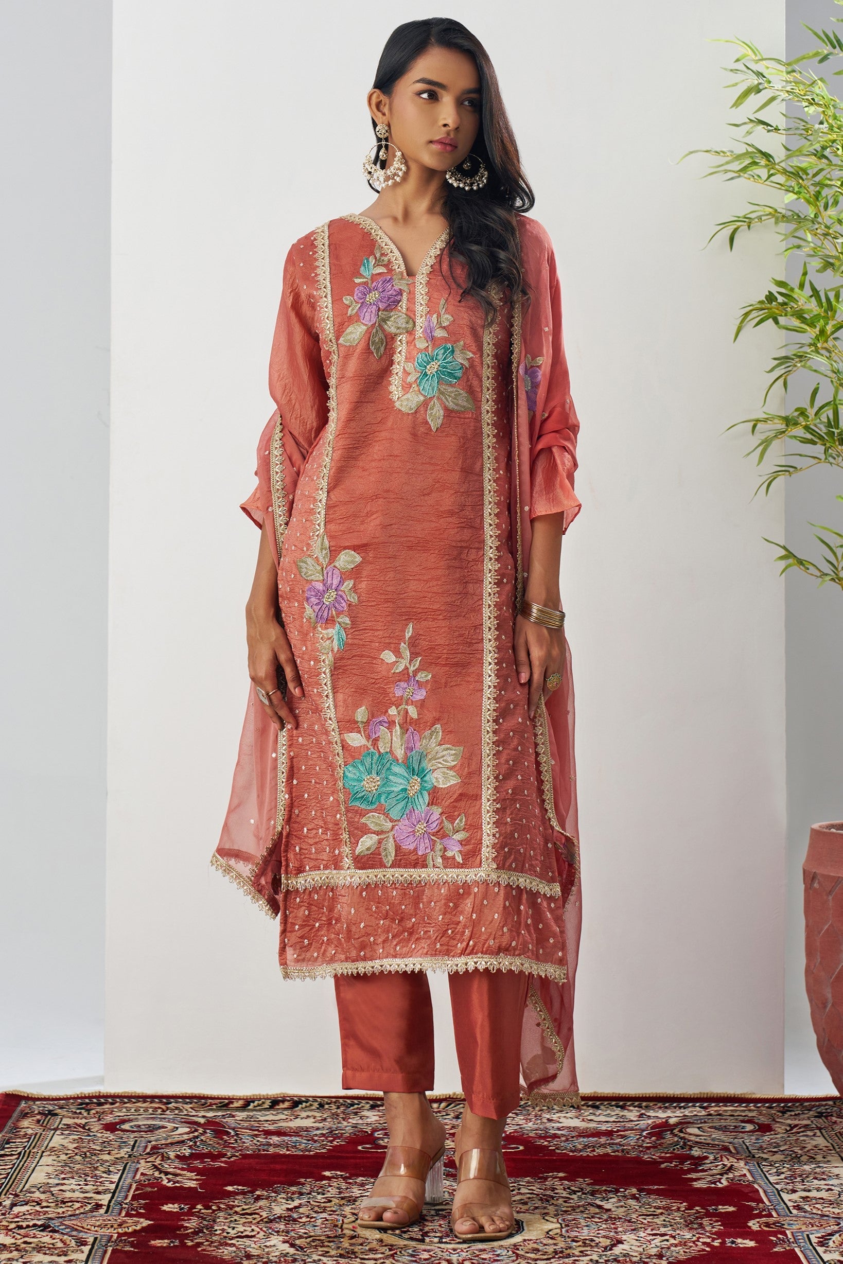 Rust Crush Silk Straight Suit Kameez With Pant For Indian & Pakistani Wedding Festival - Embroidery Work