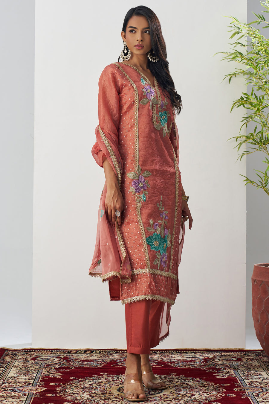 Rust Crush Silk Straight Suit Kameez With Pant For Indian & Pakistani Wedding Festival - Embroidery Work