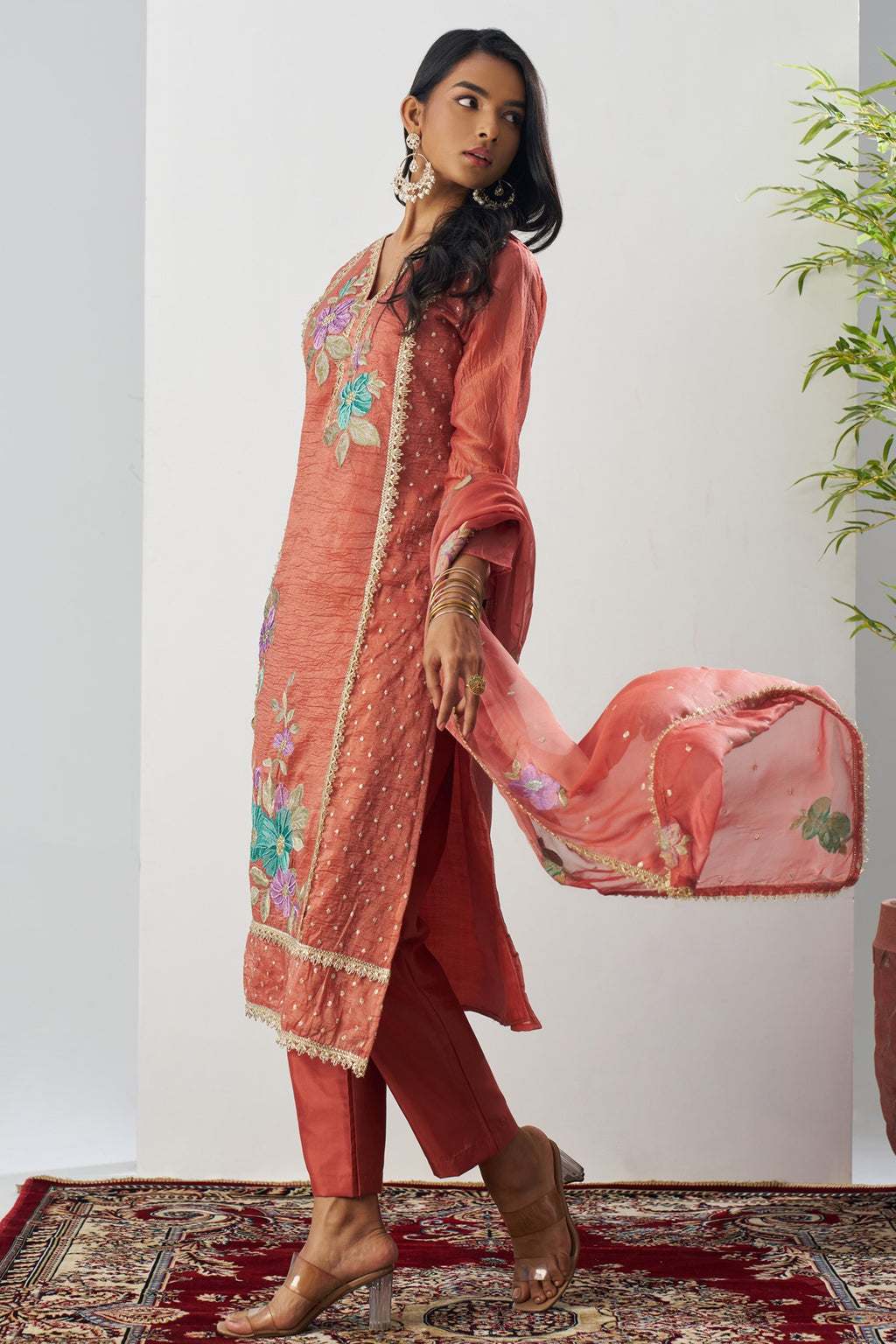 Rust Crush Silk Straight Suit Kameez With Pant For Indian & Pakistani Wedding Festival - Embroidery Work