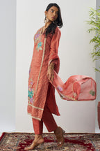 Rust Crush Silk Straight Suit Kameez With Pant For Indian & Pakistani Wedding Festival - Embroidery Work