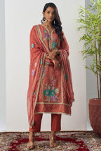 Rust Crush Silk Straight Suit Kameez With Pant For Indian & Pakistani Wedding Festival - Embroidery Work