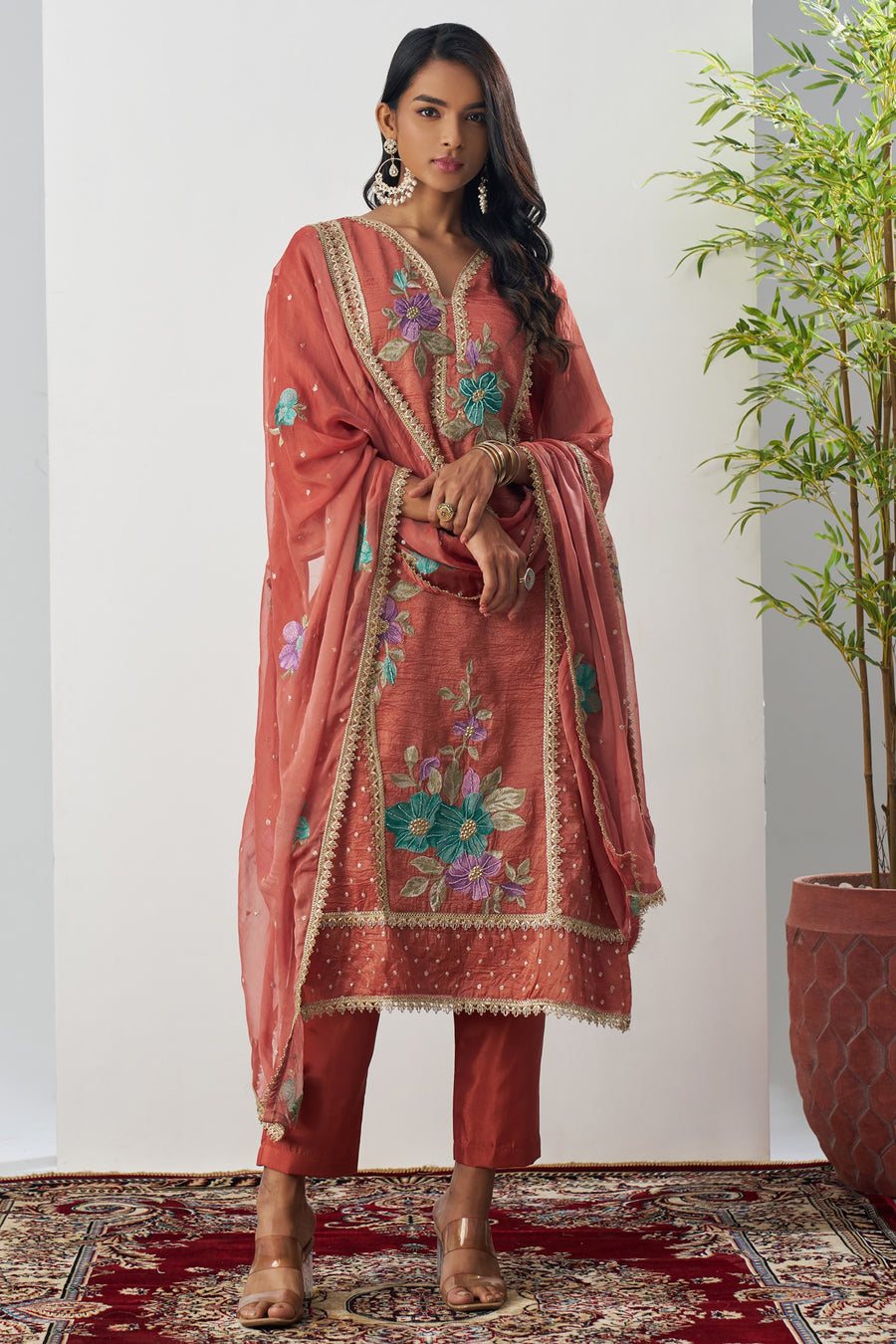 Rust Crush Silk Straight Suit Kameez With Pant For Indian & Pakistani Wedding Festival - Embroidery Work
