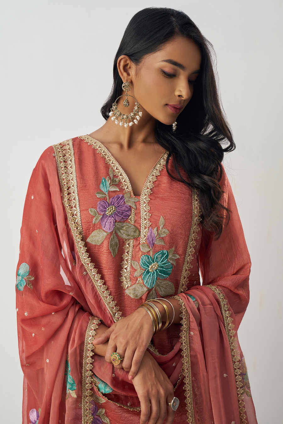 Rust Crush Silk Straight Suit Kameez With Pant For Indian & Pakistani Wedding Festival - Embroidery Work