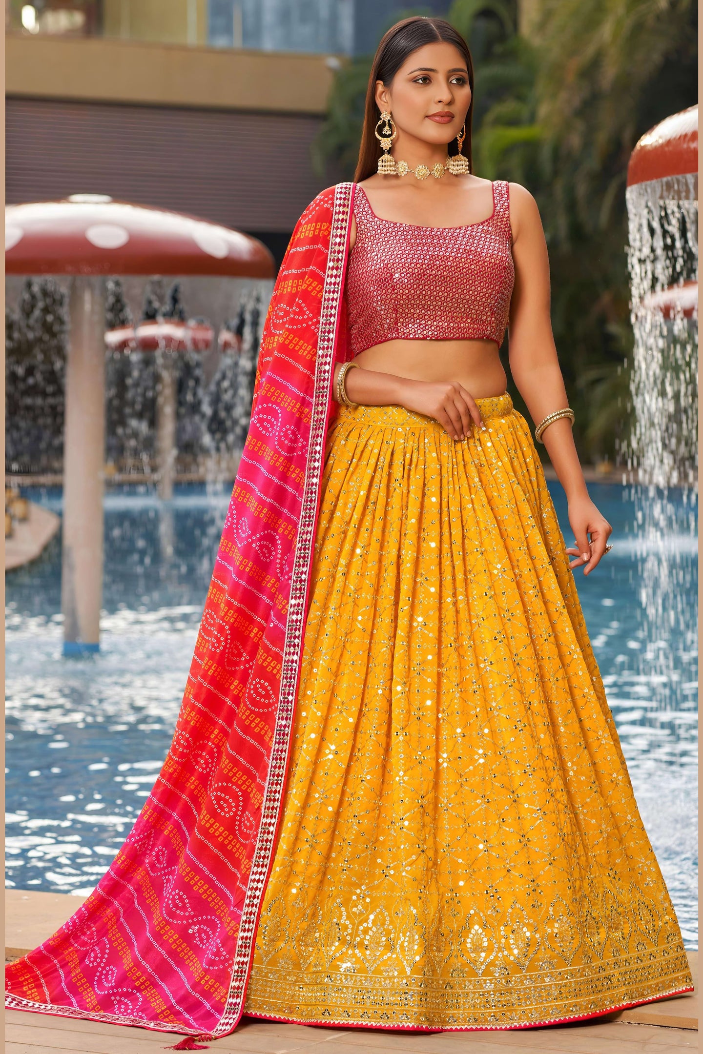 Yellow Georgette Lehenga Choli For Indian & Pakistani Wedding Festival - Sequins & Thread Embroidery Work, Zari Work, Print Work