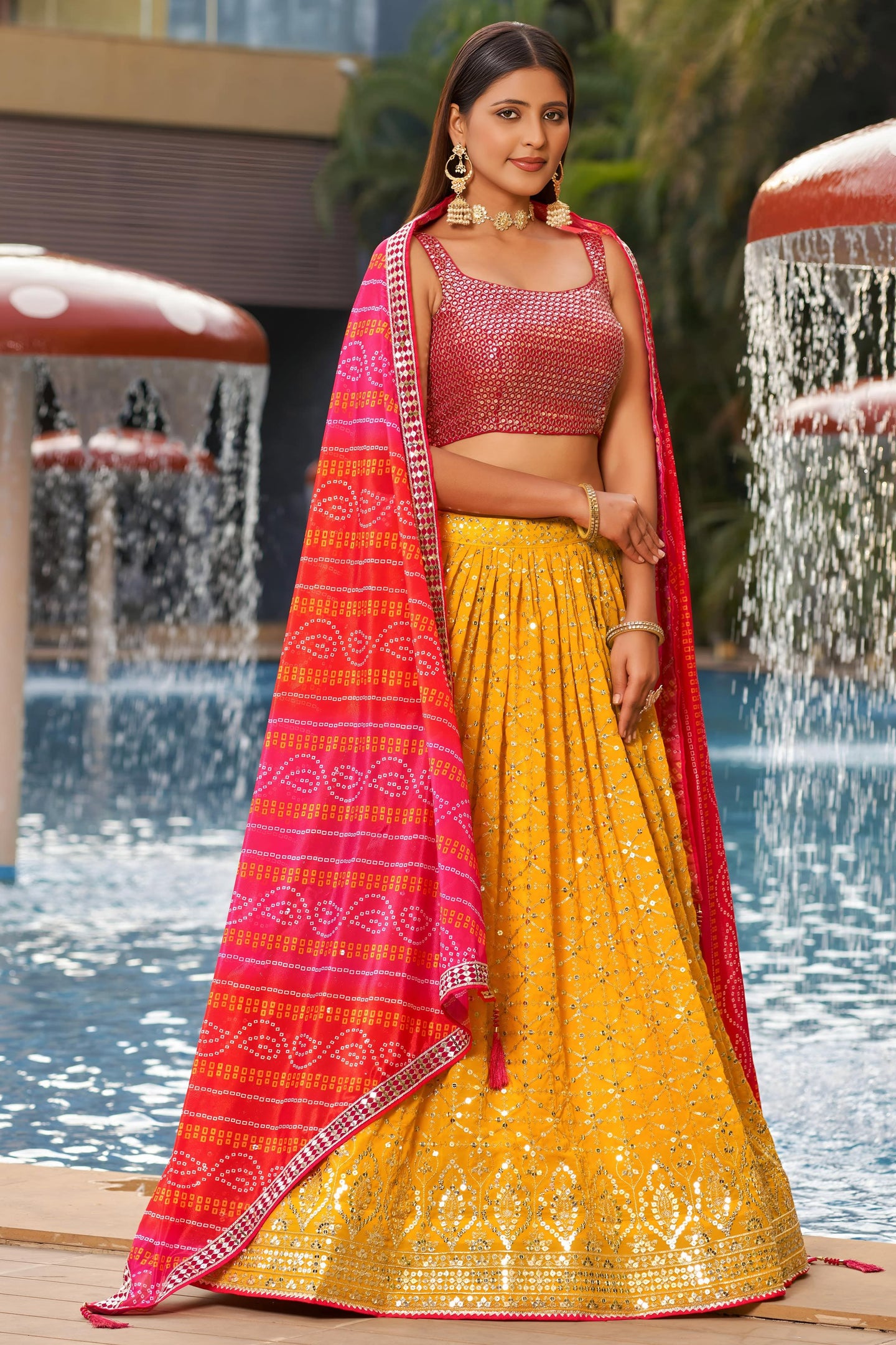 Yellow Georgette Lehenga Choli For Indian & Pakistani Wedding Festival - Sequins & Thread Embroidery Work, Zari Work, Print Work