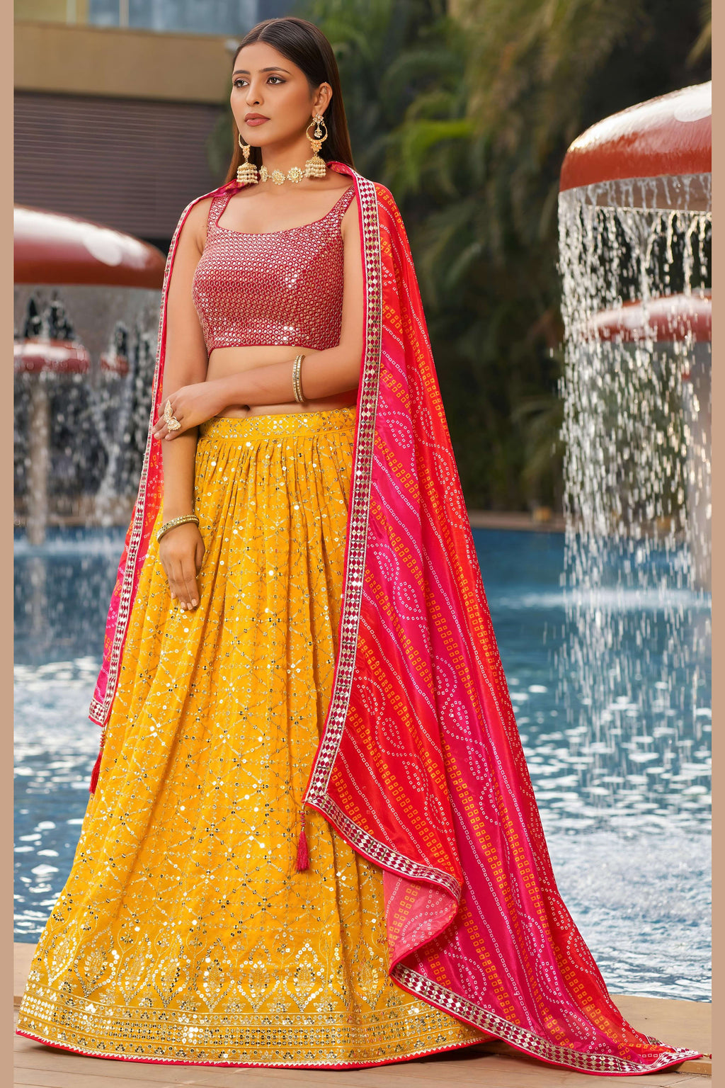 Yellow Georgette Lehenga Choli For Indian & Pakistani Wedding Festival - Sequins & Thread Embroidery Work, Zari Work, Print Work
