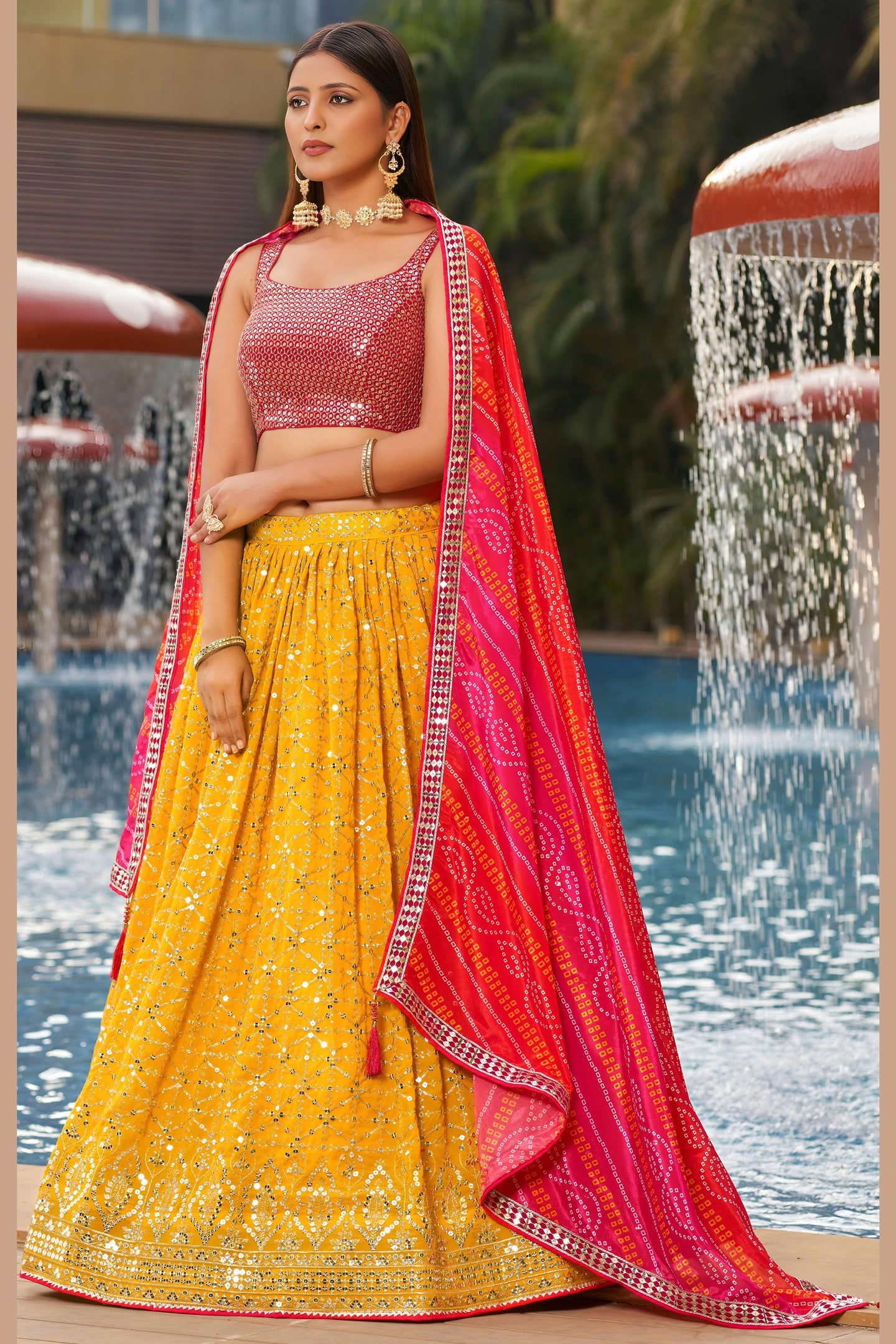 Yellow Georgette Lehenga Choli For Indian & Pakistani Wedding Festival - Sequins & Thread Embroidery Work, Zari Work, Print Work