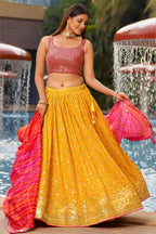 Yellow Georgette Lehenga Choli For Indian & Pakistani Wedding Festival - Sequins & Thread Embroidery Work, Zari Work, Print Work