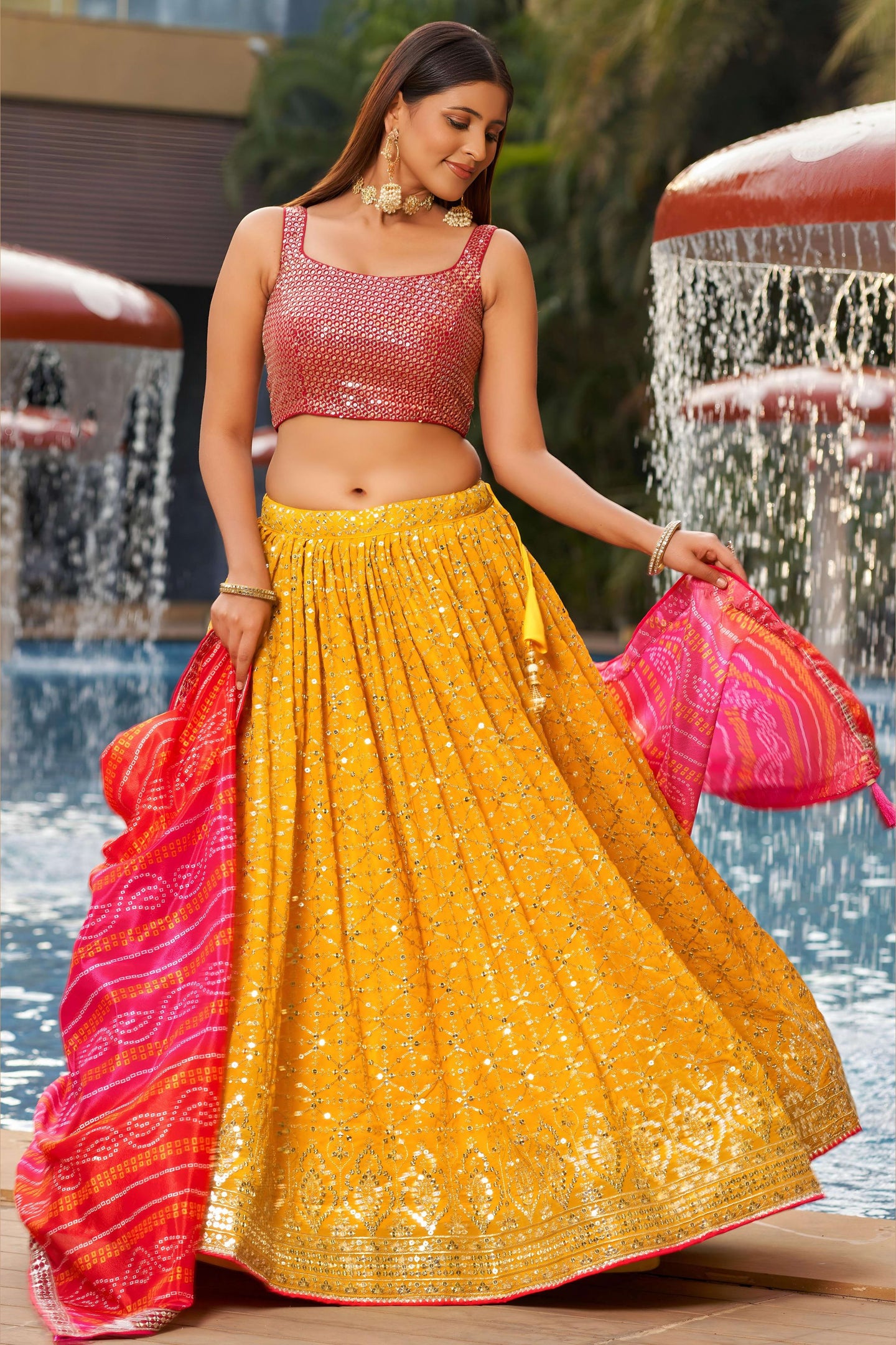 Yellow Georgette Lehenga Choli For Indian & Pakistani Wedding Festival - Sequins & Thread Embroidery Work, Zari Work, Print Work