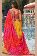 Yellow Georgette Lehenga Choli For Indian & Pakistani Wedding Festival - Sequins & Thread Embroidery Work, Zari Work, Print Work