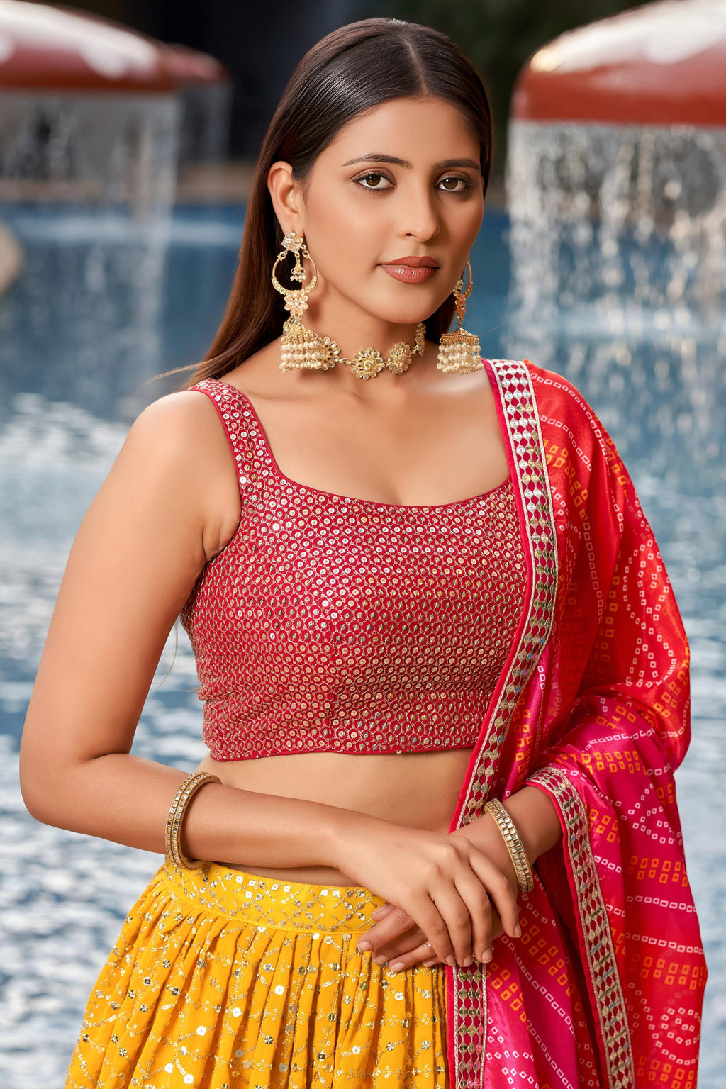 Yellow Georgette Lehenga Choli For Indian & Pakistani Wedding Festival - Sequins & Thread Embroidery Work, Zari Work, Print Work