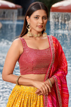 Yellow Georgette Lehenga Choli For Indian & Pakistani Wedding Festival - Sequins & Thread Embroidery Work, Zari Work, Print Work